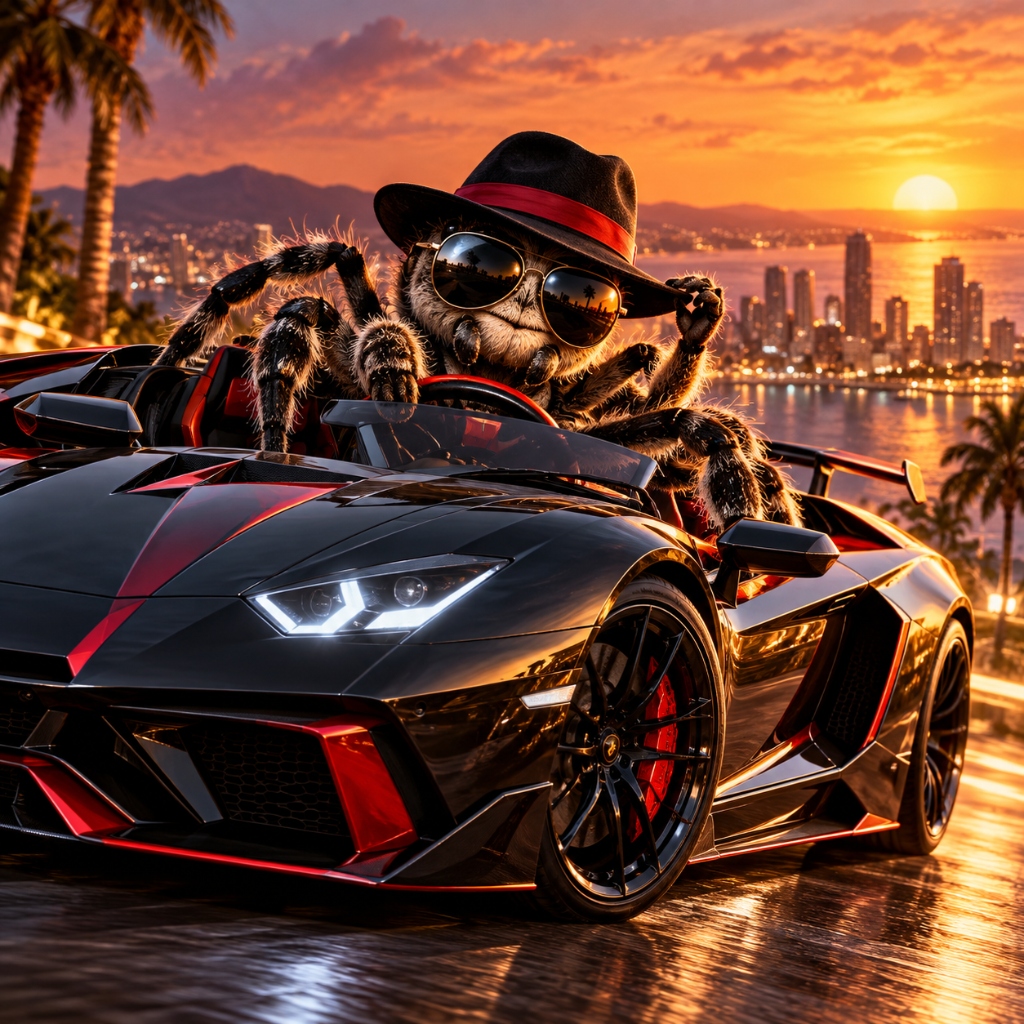 A tarantula wearing a fedora and sunglasses, cruising in a black and red Lamborghini at sunset